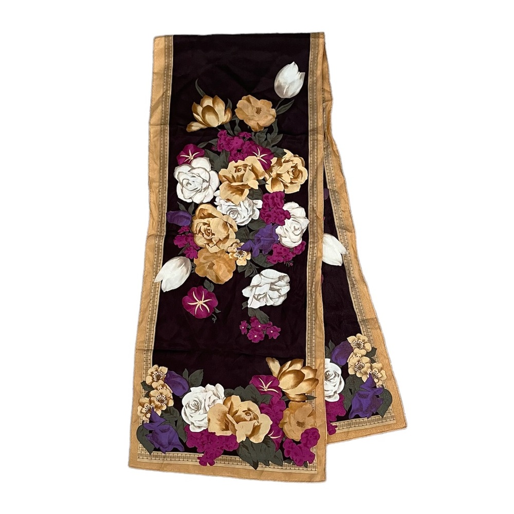 Vintage Liz Claiborne silk floral scarf brown purple magenta tan